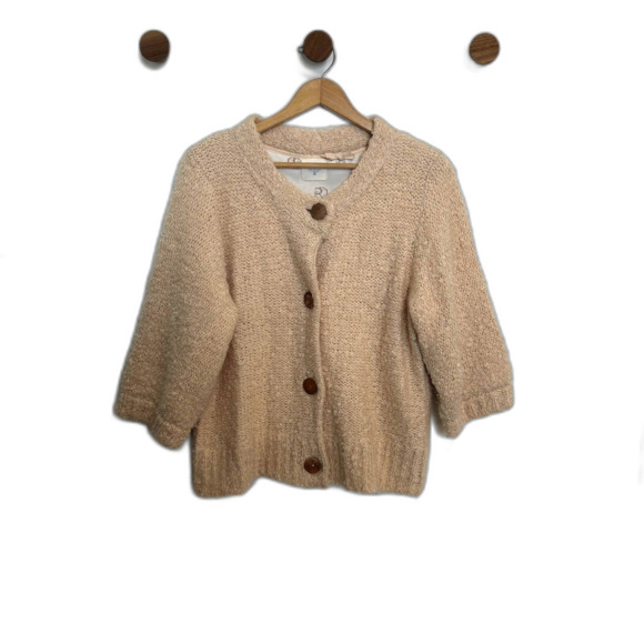 Anthro HWR Cardigan Mohair Sweater Large Dusty Pink 3/4 Sleeve Button-front - Picture 15 of 15